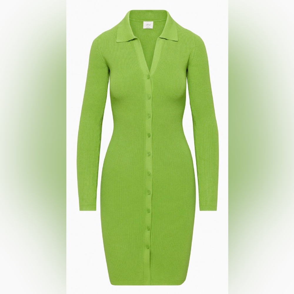 Aritzia Lime Green Ribbed Button-Front Long Sleeve Dress